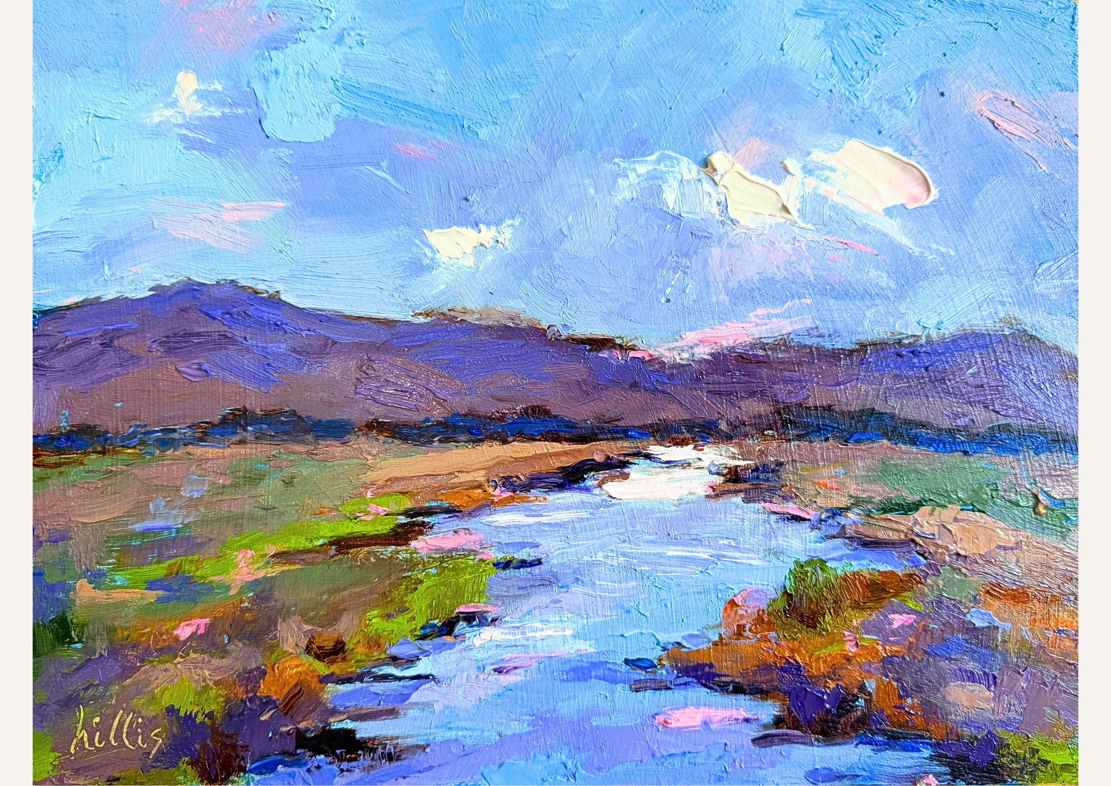 Oil painting of a landscape with a river, grasslands, distant mountains and bright sky